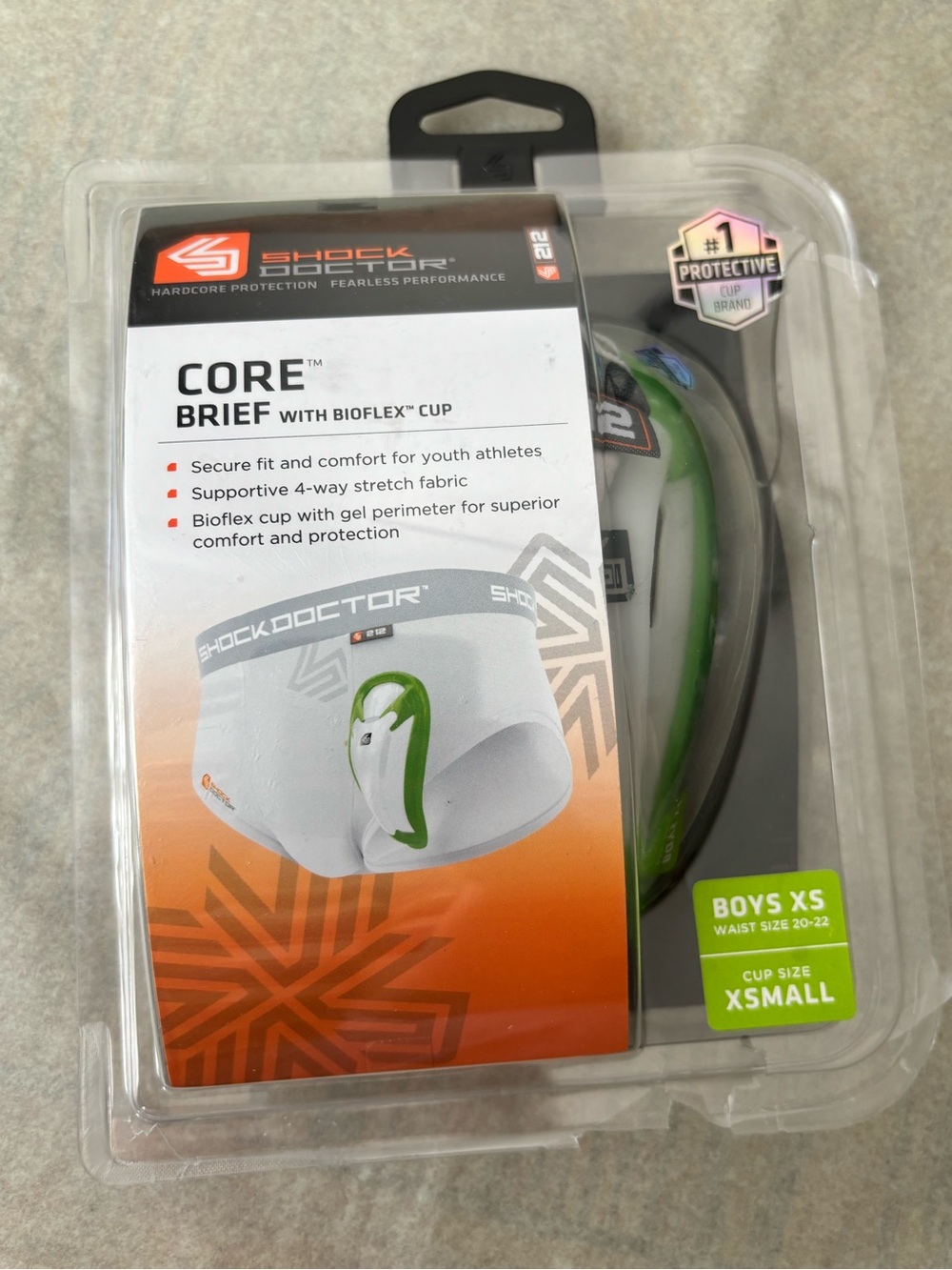 Shock Doctor Core Brief with Bioflex Cup - White/Green (Boys XS)